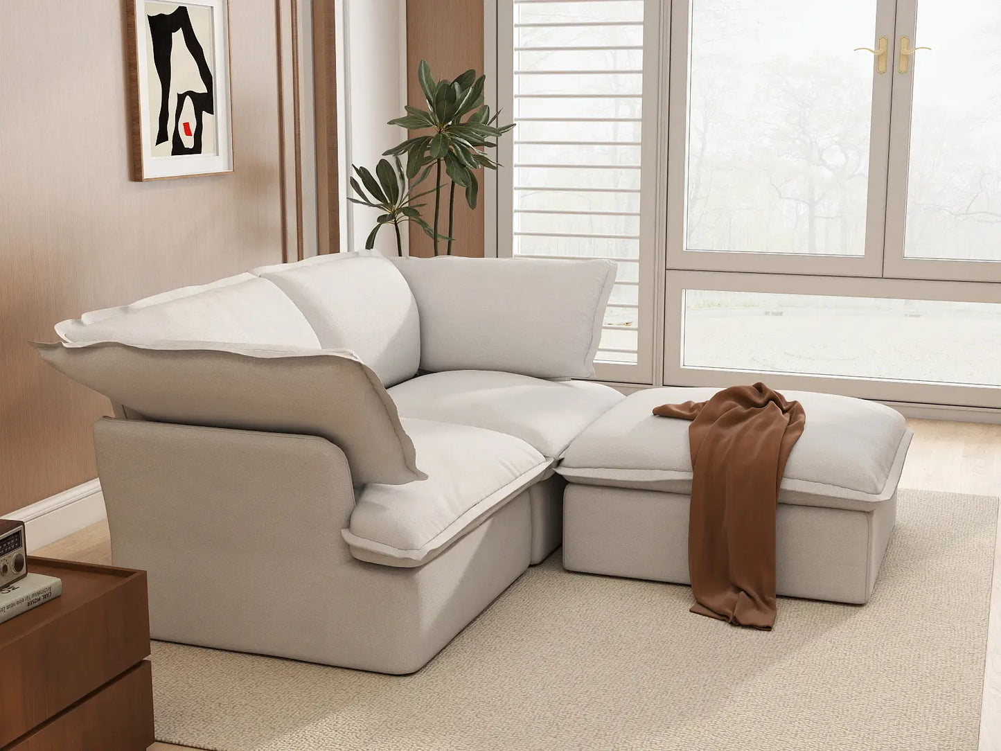 Deluxe Cloud White 2-Seater Chaise Sectional Small Space | 3-Piece (includes 1 ottoman), Linen and Cotton Fabric, Storage Ottoman