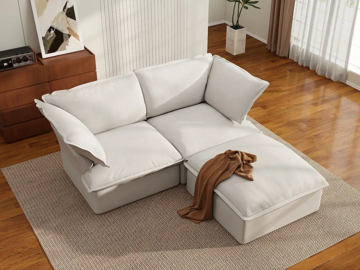 Deluxe Cloud White 2-Seater Chaise Sectional Small Space | 3-Piece (includes 1 ottoman), Linen and Cotton Fabric, Storage Ottoman