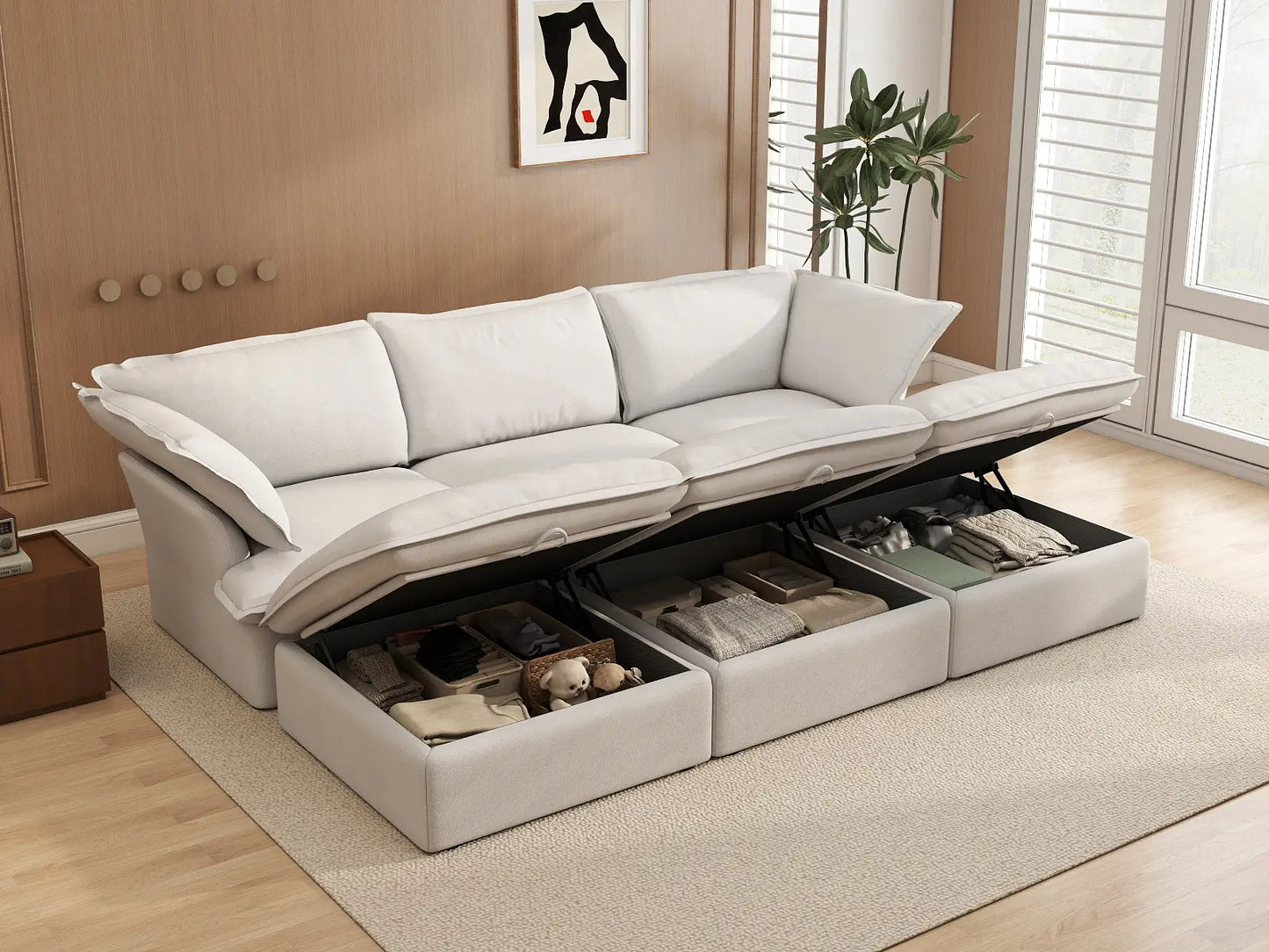 Deluxe Cloud White 3-Seater Modular Pit Sectional | 6-Piece (includes 3 ottomans), Linen and Cotton Fabric, Storage Ottoman
