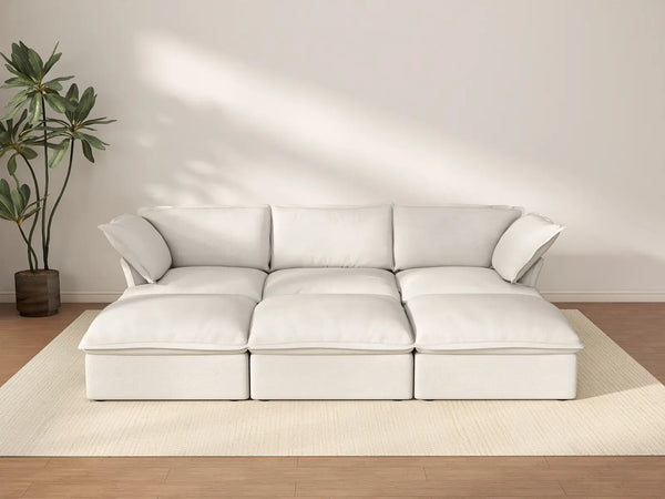 Deluxe Cloud White 3-Seater Modular Pit Sectional | 6-Piece (includes 3 ottomans), Linen and Cotton Fabric, Storage Ottoman