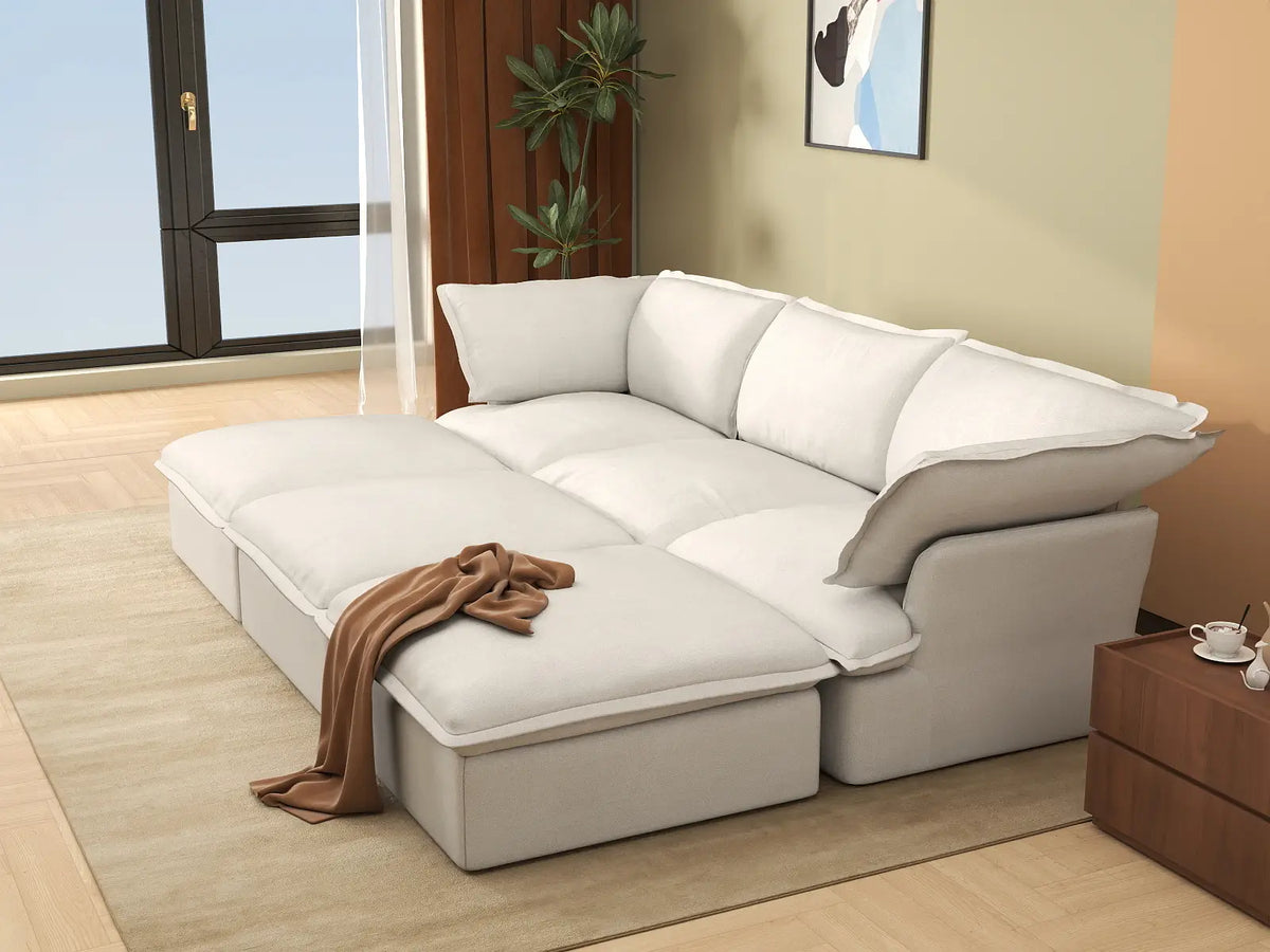 Deluxe Linen Cloud Sectional Sofas Covers | White Linen and Cotton Sofa Cover for 3-Seater with 3-Ottoman