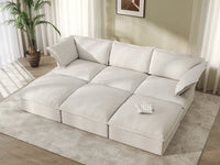 Deluxe Cloud White 3-Seater Modular Pit Sectional | 6-Piece (includes 3 ottomans), Linen and Cotton Fabric, Storage Ottoman