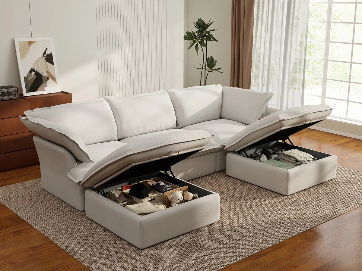Deluxe Cloud White 3-Seater Modular Sectional | 5-Piece (includes 2 ottomans), Linen and Cotton Fabric, Storage Ottoman