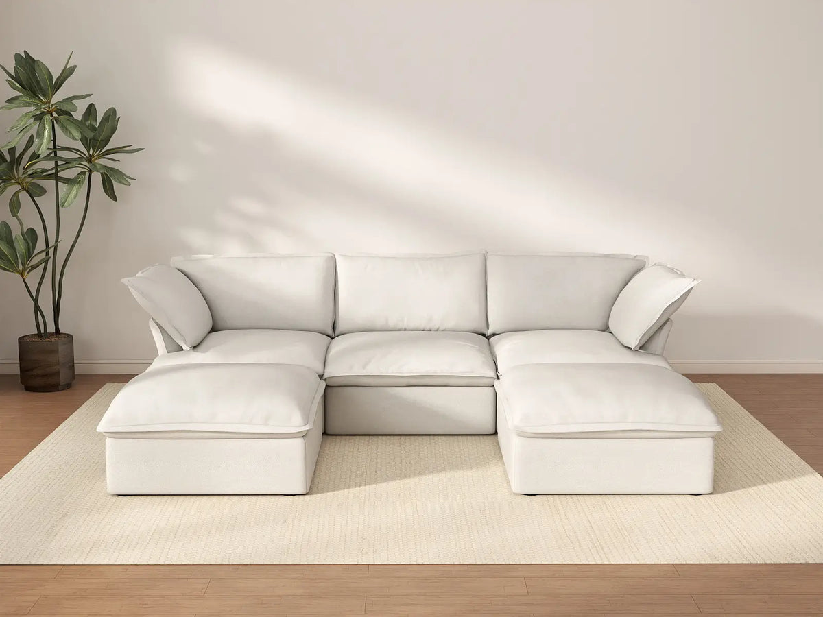 Deluxe Cloud White 3-Seater Modular Sectional | 5-Piece (includes 2 ottomans), Linen and Cotton Fabric, Storage Ottoman