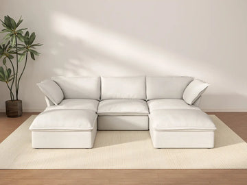 Seccional modular de lujo de 3 asientos Cloud White | 5 piezas (incluye 2 otomanas), tela de lino y algodón, otomana con almacenamiento