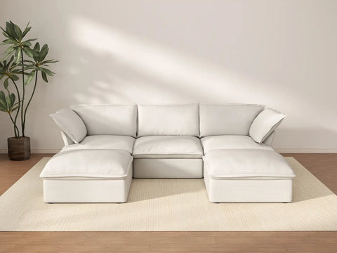 Deluxe Cloud White 3-Seater Modular Sectional | 5-Piece (includes 2 ottomans), Linen and Cotton Fabric, Storage Ottoman