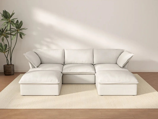 Seccional modular de lujo de 3 asientos Cloud White | 5 piezas (incluye 2 otomanas), tela de lino y algodón, otomana con almacenamiento