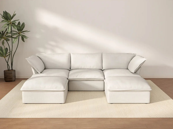 Seccional modular de lujo de 3 asientos Cloud White | 5 piezas (incluye 2 otomanas), tela de lino y algodón, otomana con almacenamiento