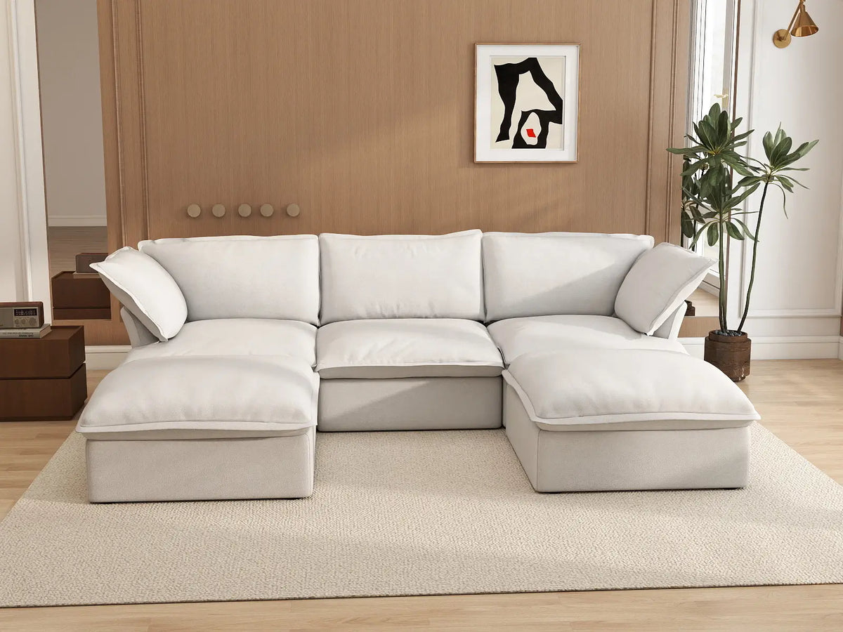 Deluxe Cloud White 3-Seater Modular Sectional | 5-Piece (includes 2 ottomans), Linen and Cotton Fabric, Storage Ottoman