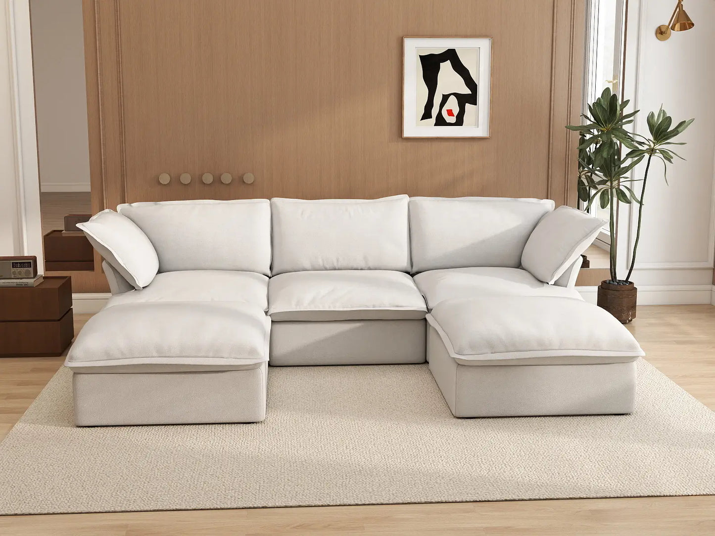 Deluxe Cloud White 3-Seater Modular Sectional | 5-Piece (includes 2 ottomans), Linen and Cotton Fabric, Storage Ottoman