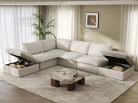 Deluxe Cloud White 4-Seater L-Shaped Sofa with Storage | 6-Piece (includes 2 ottomans), Linen and Cotton Fabric, Washable Covers
