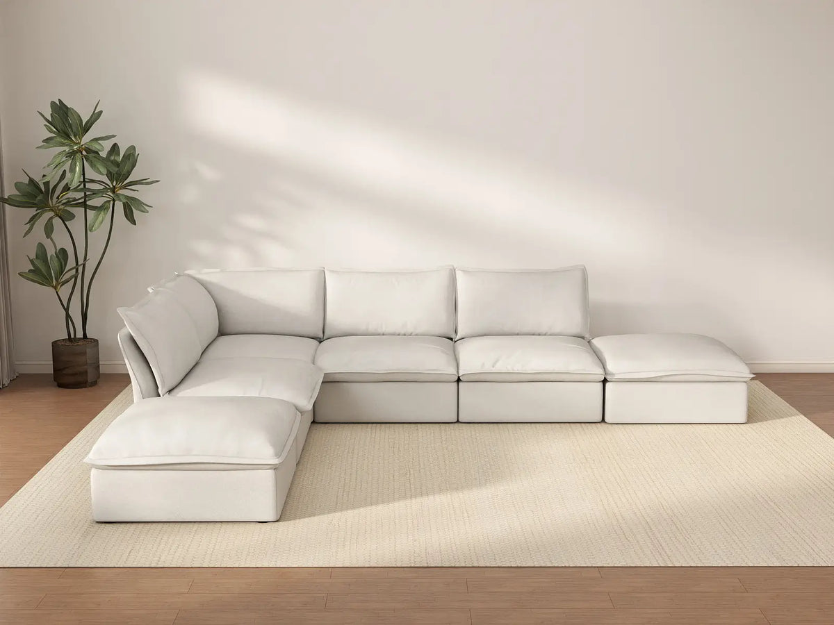Deluxe Cloud White 4-Seater L-Shaped Sofa with Storage | 6-Piece (includes 2 ottomans), Linen and Cotton Fabric, Washable Covers