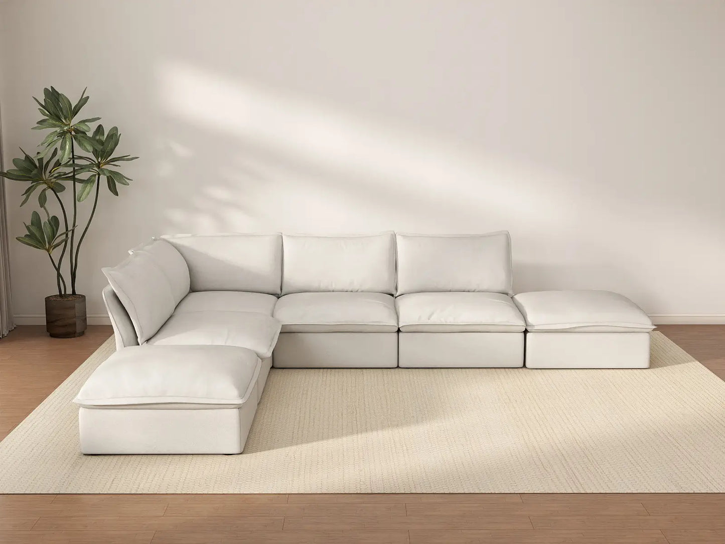 Deluxe Cloud White 4-Seater L-Shaped Sofa with Storage | 6-Piece (includes 2 ottomans), Linen and Cotton Fabric, Washable Covers