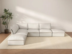 Deluxe Cloud White 4-Seater L-Shaped Sofa with Storage | 6-Piece (includes 2 ottomans), Linen and Cotton Fabric, Washable Covers