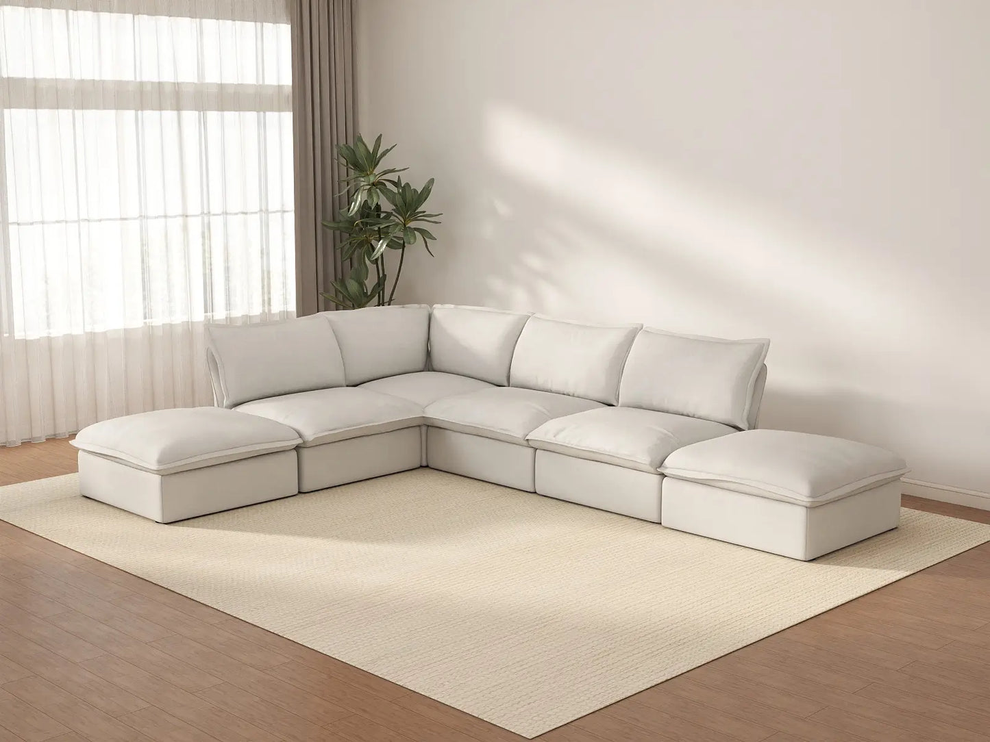 Deluxe Cloud White 4-Seater L-Shaped Sofa with Storage | 6-Piece (includes 2 ottomans), Linen and Cotton Fabric, Washable Covers