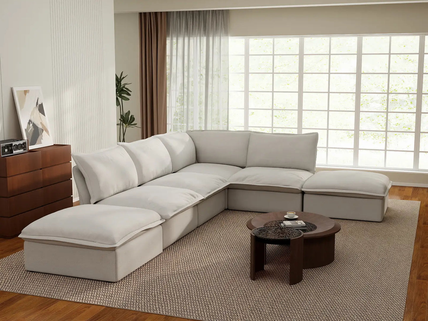 Deluxe Cloud White 4-Seater L-Shaped Sofa with Storage | 6-Piece (includes 2 ottomans), Linen and Cotton Fabric, Washable Covers
