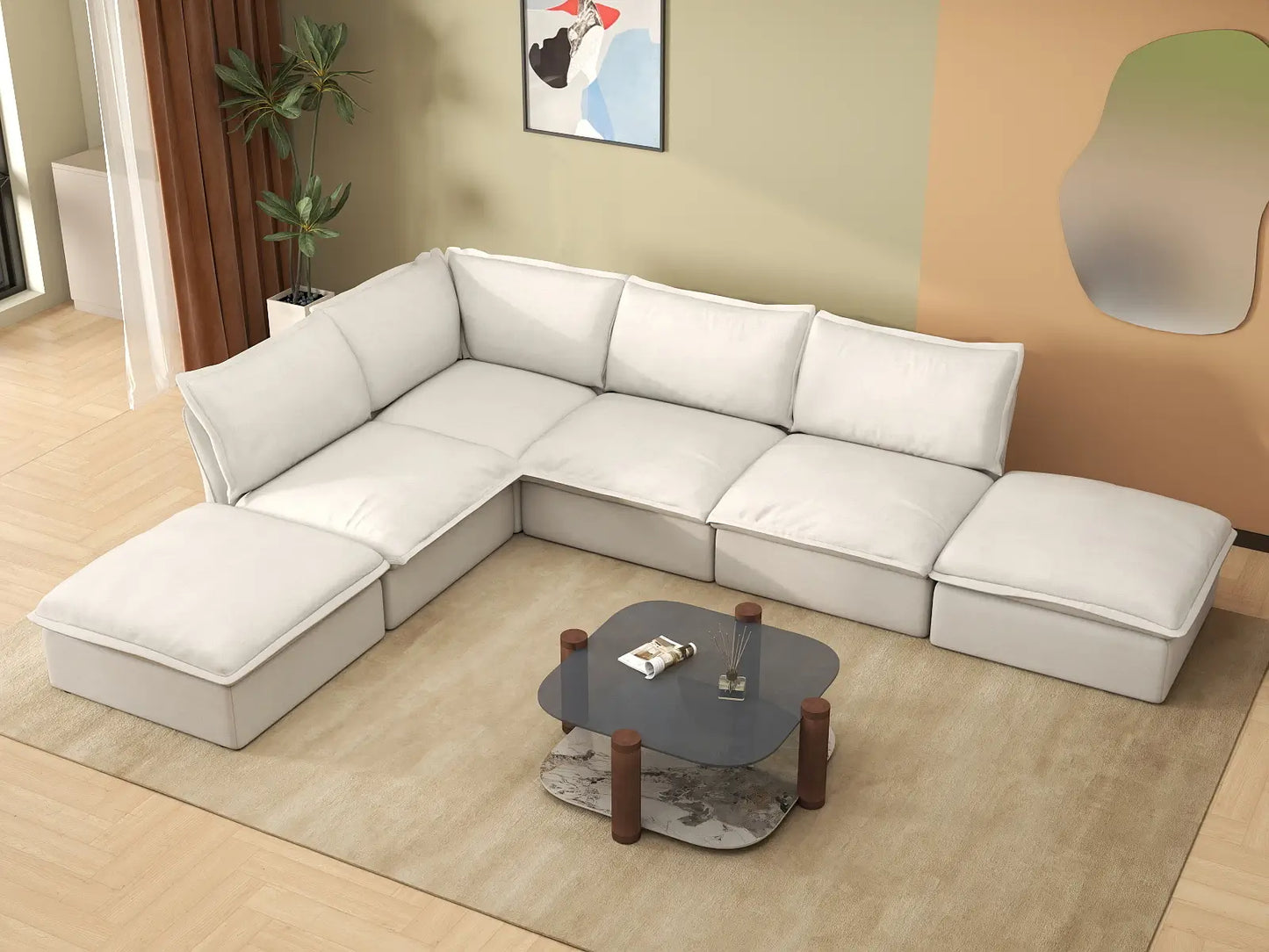 Deluxe Cloud White 4-Seater L-Shaped Sofa with Storage | 6-Piece (includes 2 ottomans), Linen and Cotton Fabric, Washable Covers