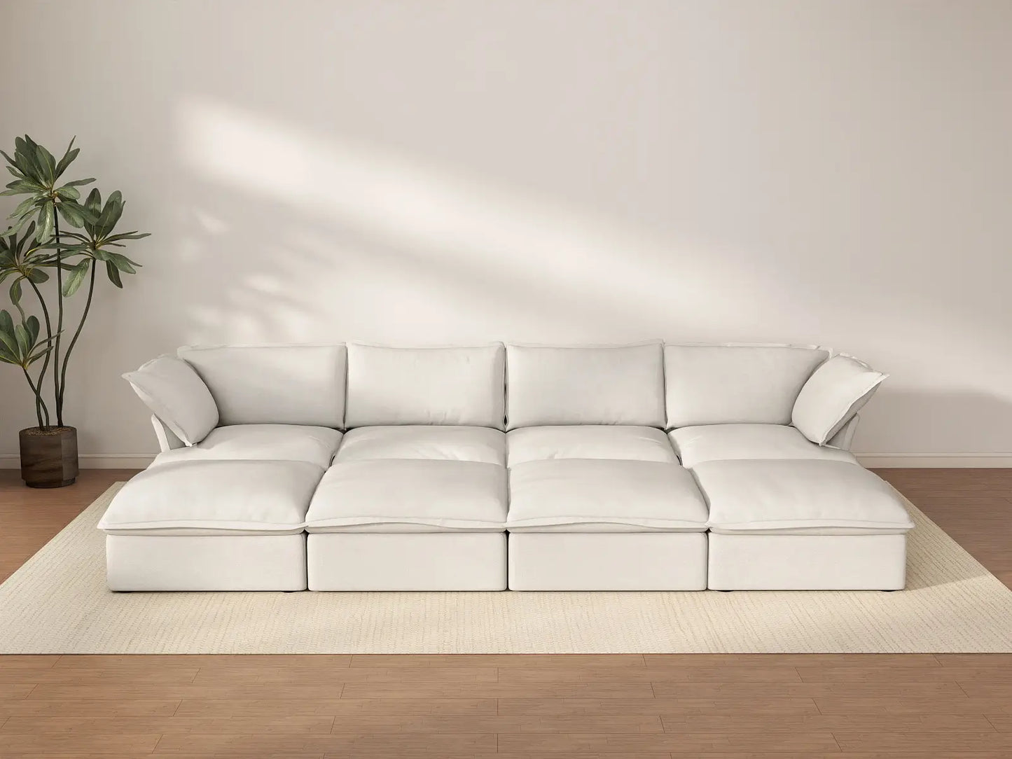 Deluxe Cloud White 4-Seater Pit Sectional with Storage | 8-Piece (includes 4 ottomans), Linen and Cotton Fabric, Washable Covers