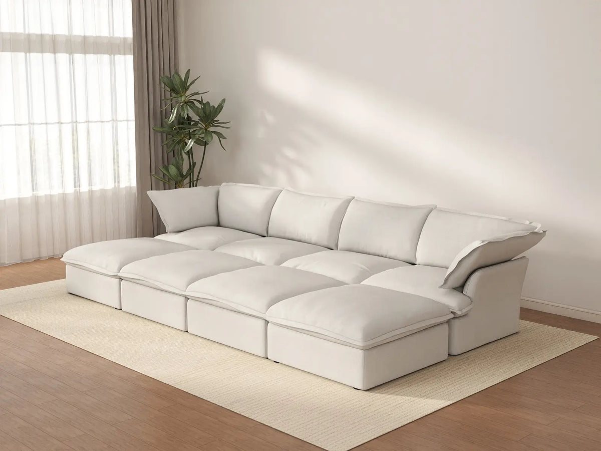 Deluxe Cloud White 4-Seater Pit Sectional with Storage | 8-Piece (includes 4 ottomans), Linen and Cotton Fabric, Washable Covers