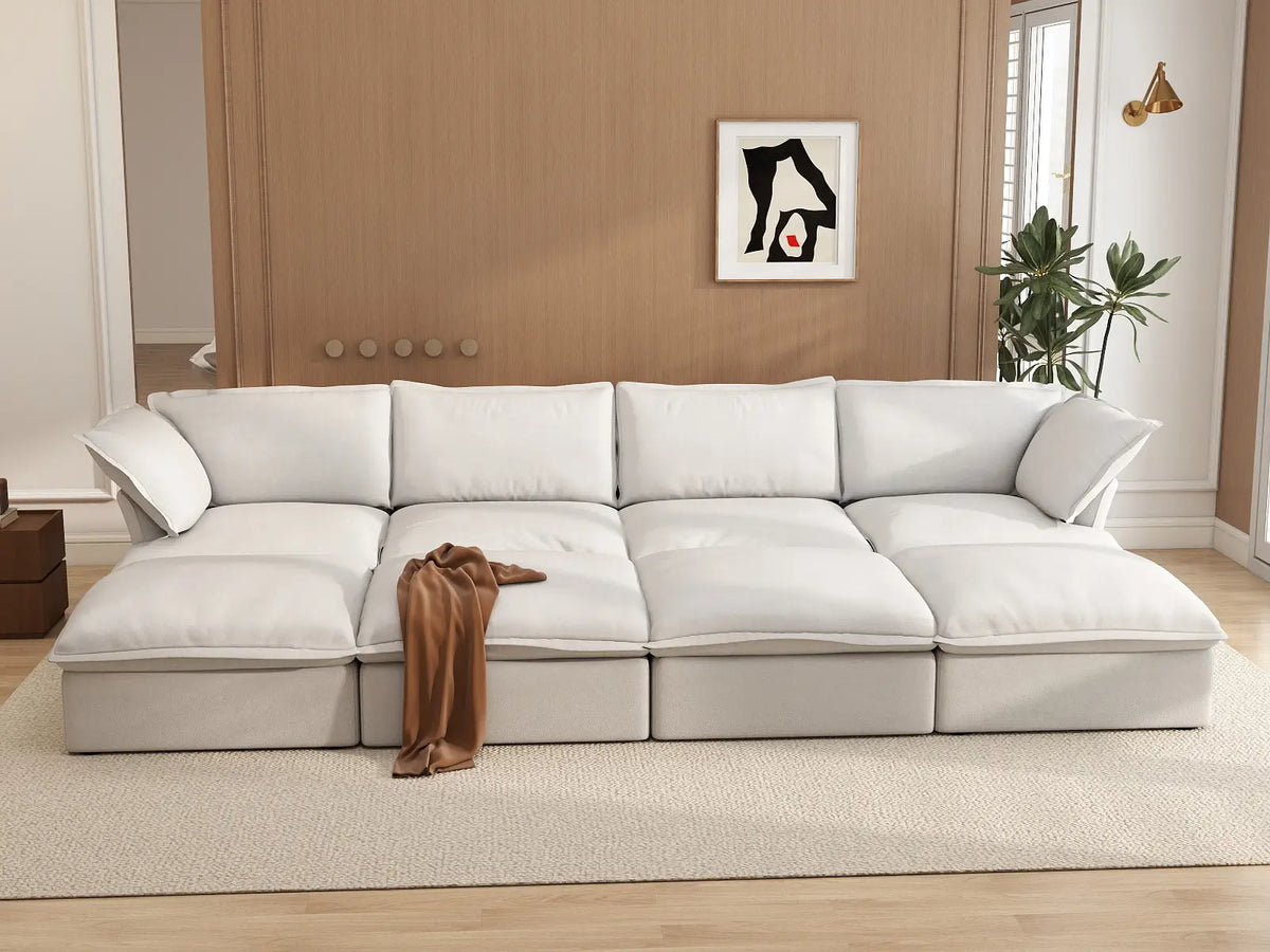 Deluxe Linen Cloud Sectional Sofas Covers | White Linen and Cotton Sofa Cover for 4-Seater with 4-Ottoman