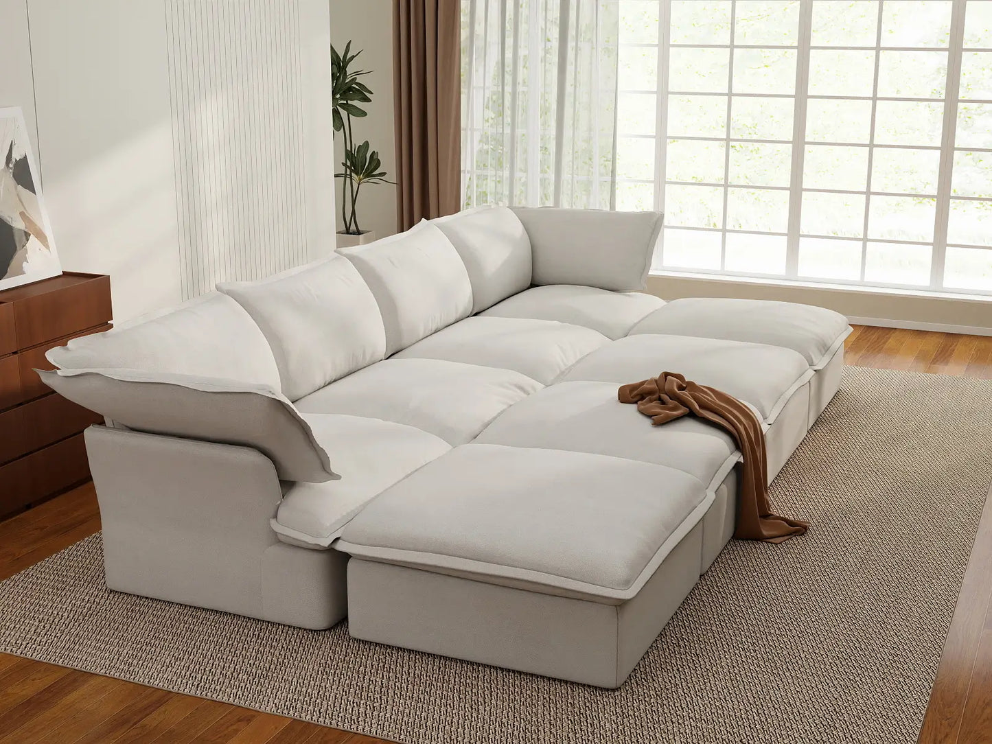 Deluxe Linen Cloud Sectional Sofas Covers | White Linen and Cotton Sofa Cover for 4-Seater with 4-Ottoman