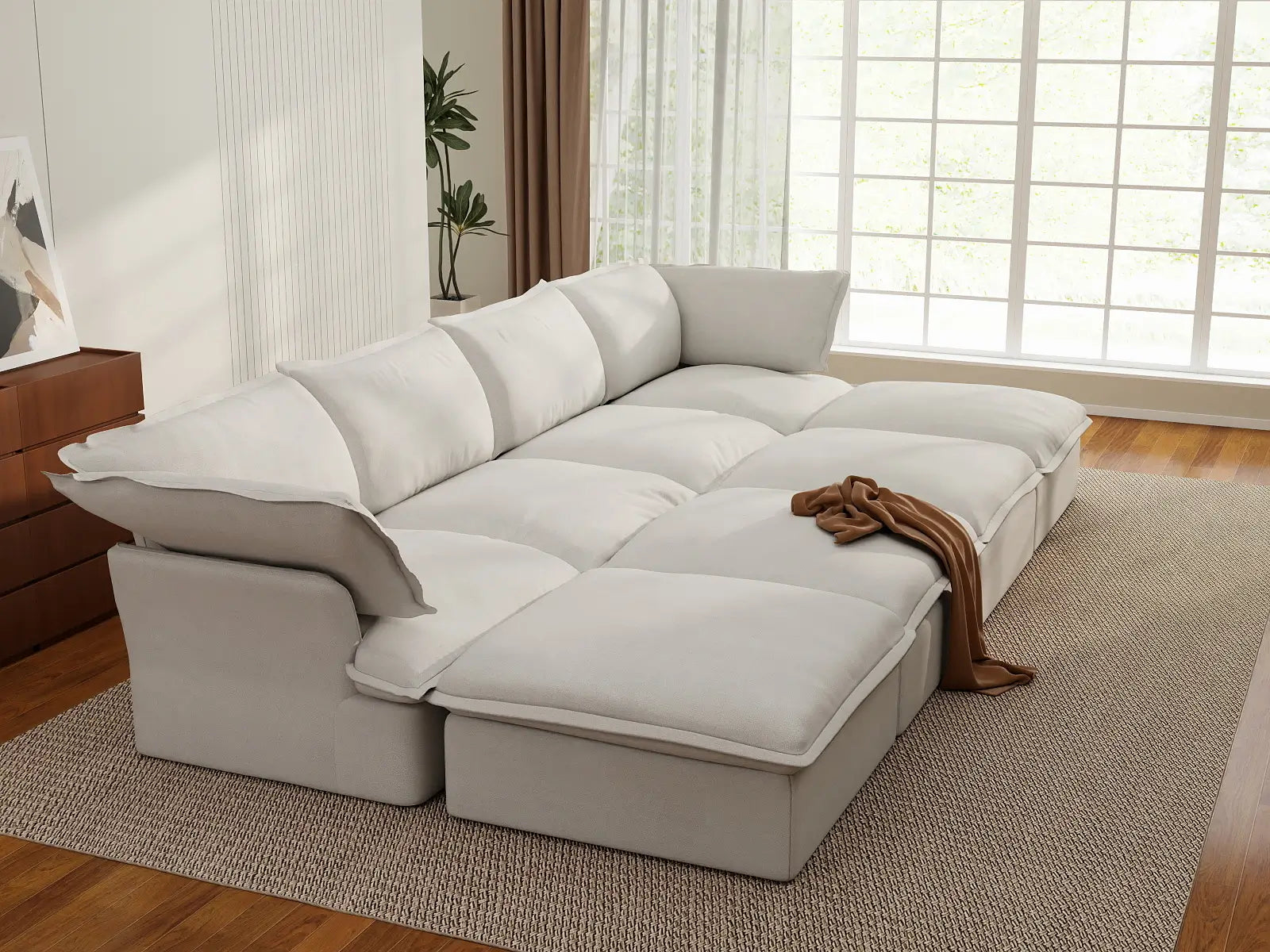 Deluxe Linen Cloud Sectional Sofas Covers | White Linen and Cotton Sofa Cover for 4-Seater with 4-Ottoman