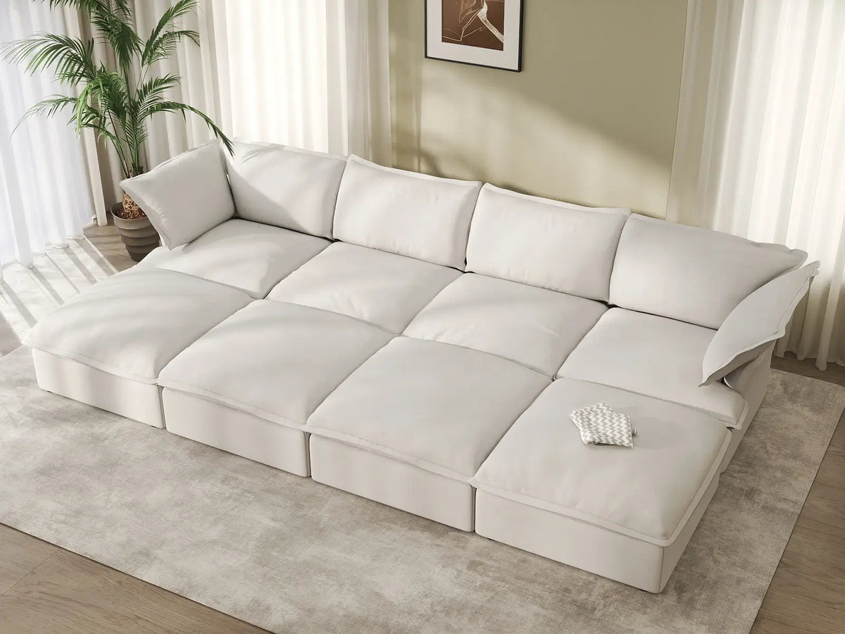 Deluxe Cloud White 4-Seater Pit Sectional with Storage | 8-Piece (includes 4 ottomans), Linen and Cotton Fabric, Washable Covers