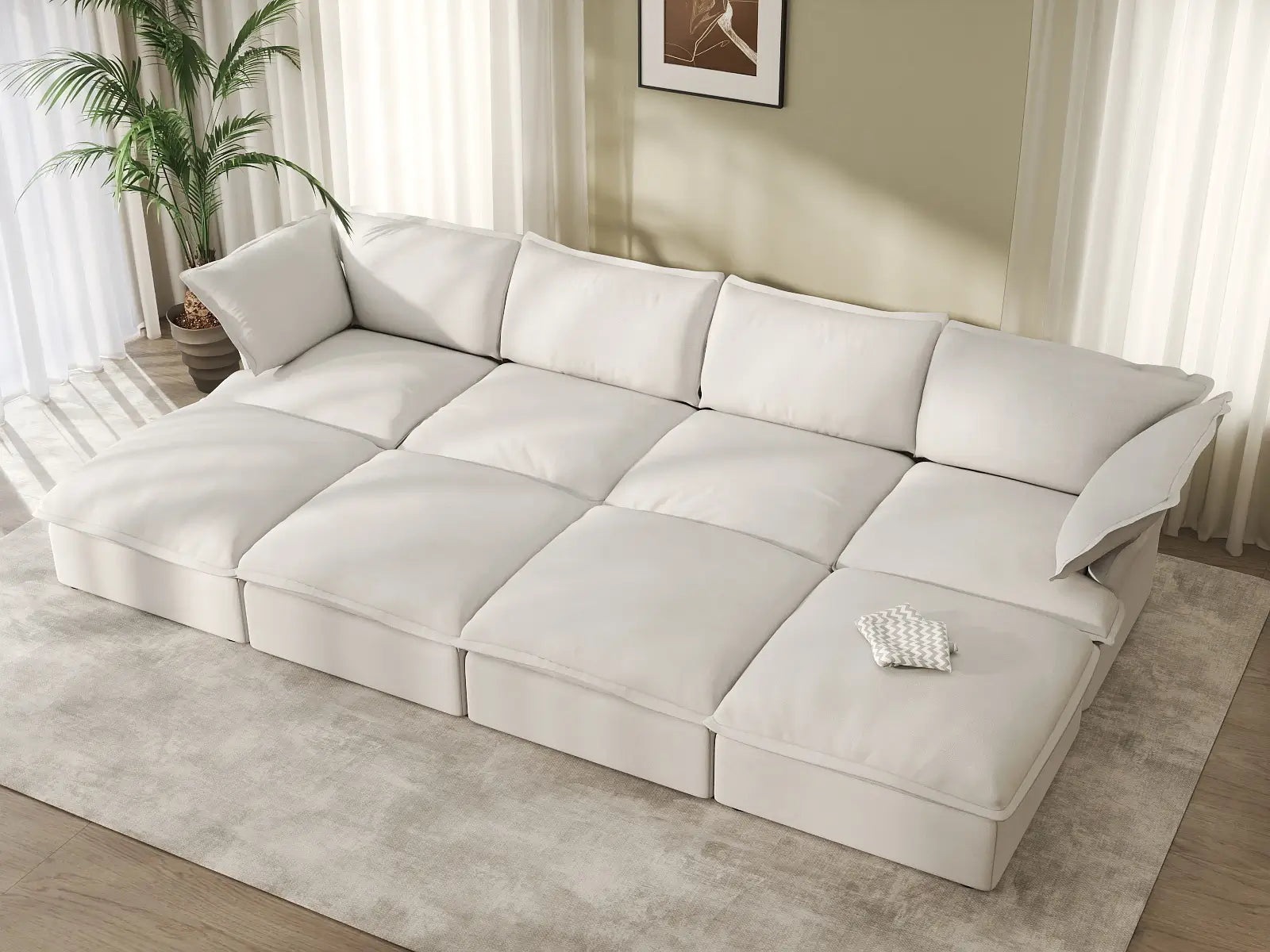 Deluxe Cloud White 4-Seater Pit Sectional with Storage | 8-Piece (includes 4 ottomans), Linen and Cotton Fabric, Washable Covers