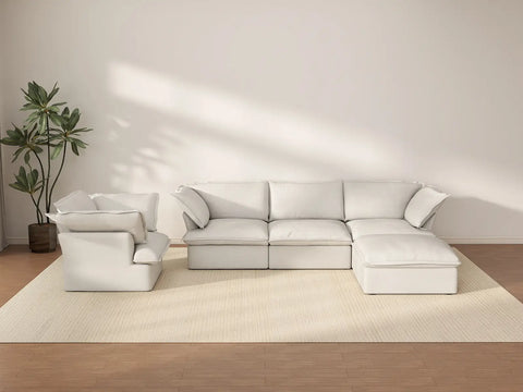 Deluxe Cloud White 4-Seater Sofa with Storage | 5-Piece (includes 1 ottoman), Linen and Cotton Fabric, Washable Covers
