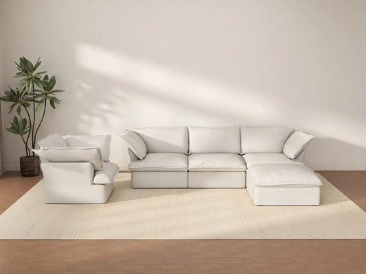Deluxe Cloud White 4-Seater Sofa with Storage | 5-Piece (includes 1 ottoman), Linen and Cotton Fabric, Washable Covers