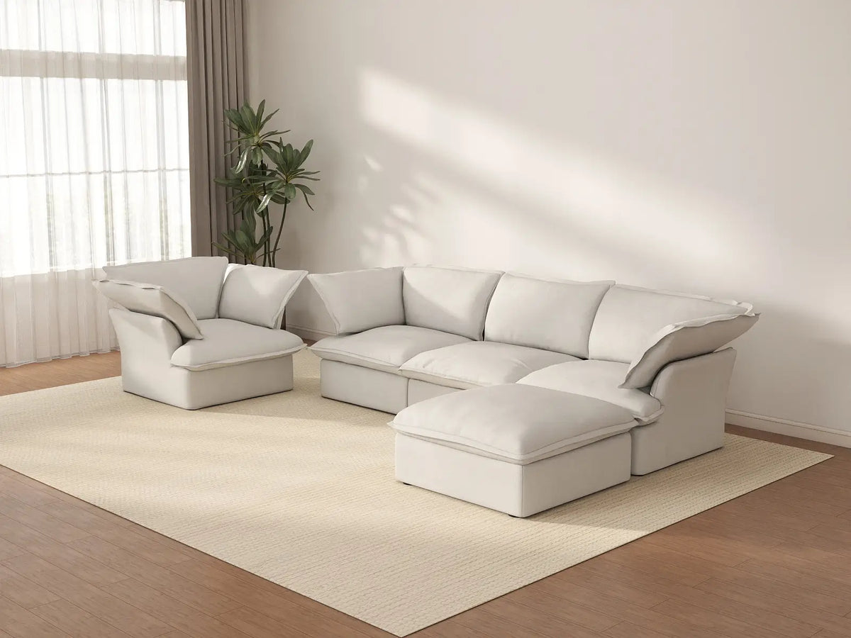 Deluxe Cloud White 4-Seater Sofa with Storage | 5-Piece (includes 1 ottoman), Linen and Cotton Fabric, Washable Covers
