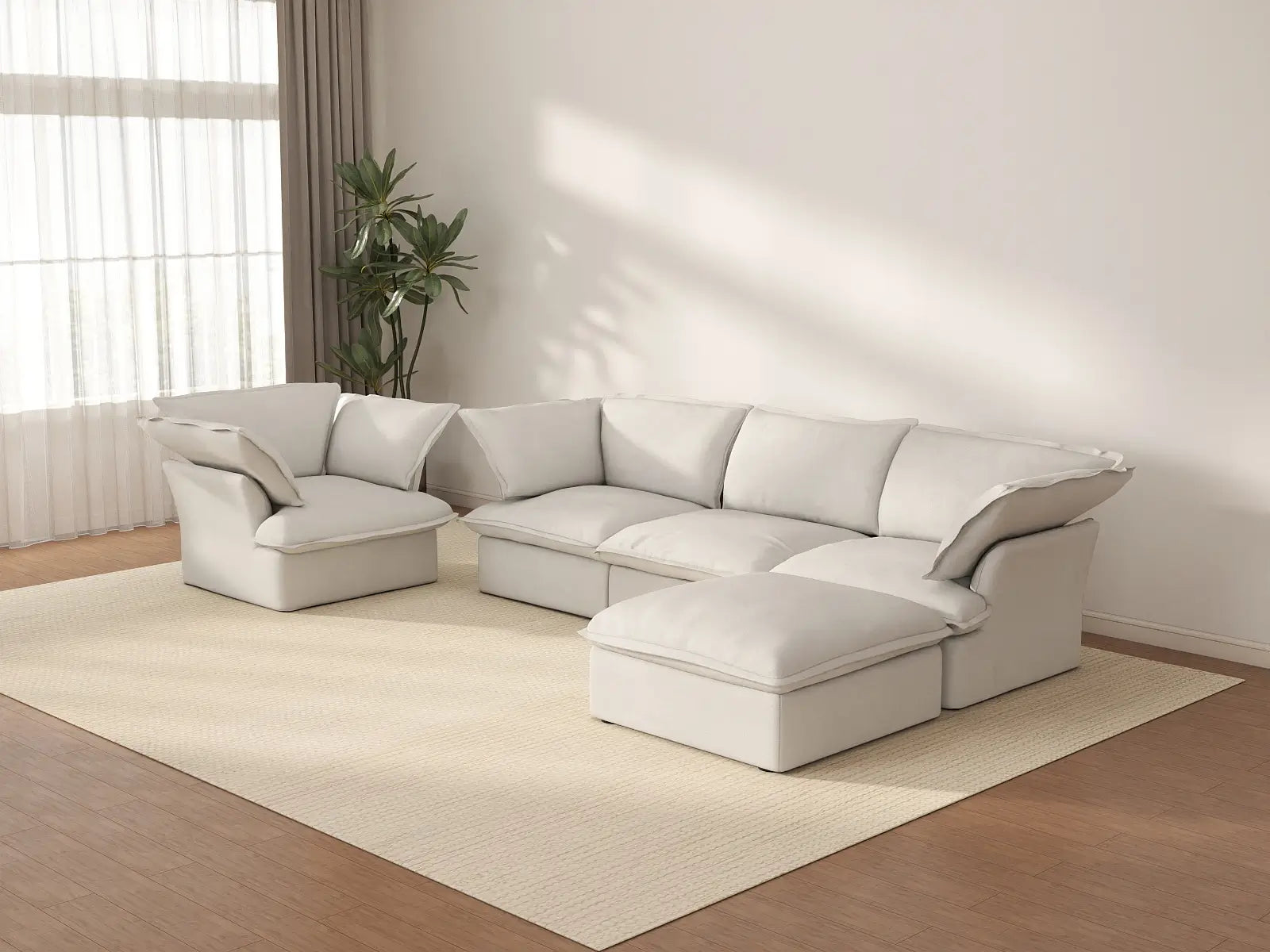 Deluxe Cloud White 4-Seater Sofa with Storage | 5-Piece (includes 1 ottoman), Linen and Cotton Fabric, Washable Covers