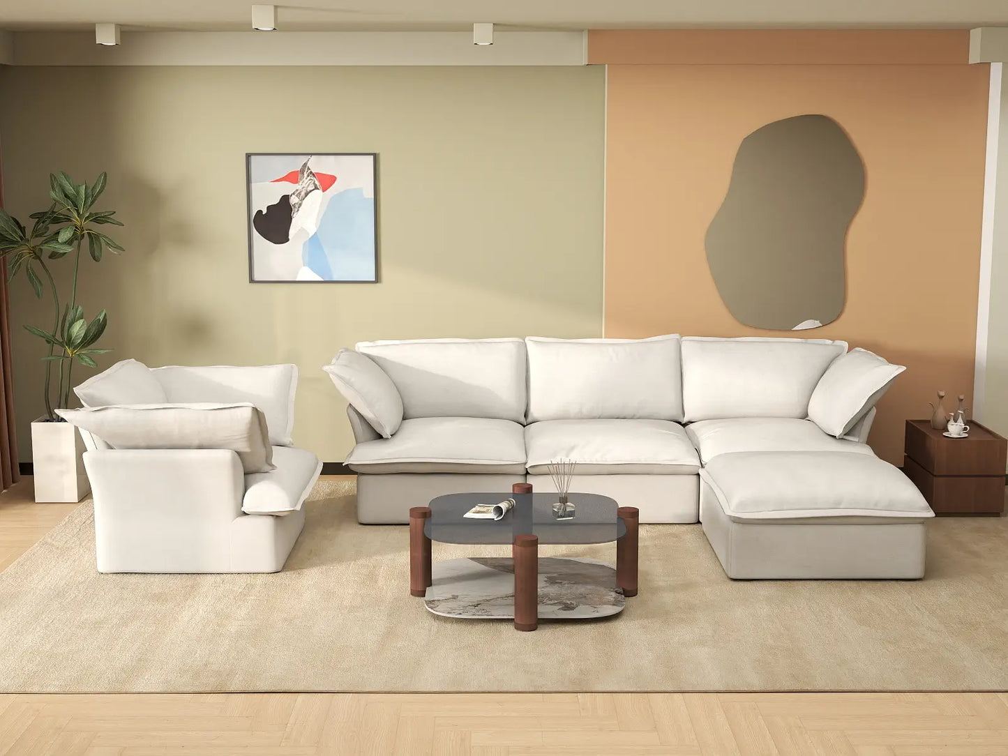 Deluxe Cloud White 4-Seater Sofa with Storage | 5-Piece (includes 1 ottoman), Linen and Cotton Fabric, Washable Covers