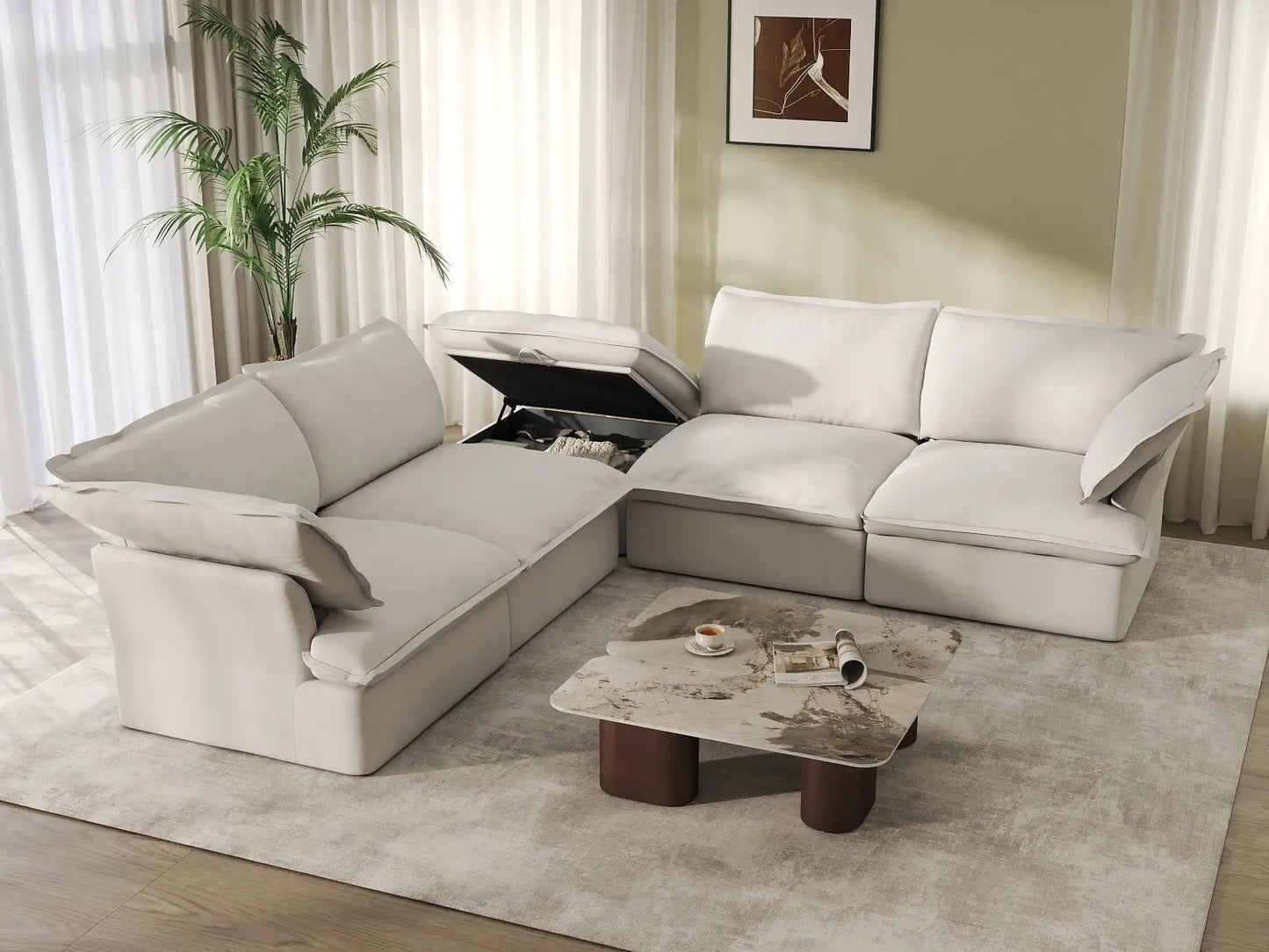 Deluxe Cloud White 4-Seater V-Shaped Sofa with Storage | 5-Piece (includes 1 ottoman), Linen and Cotton Fabric, Washable Covers