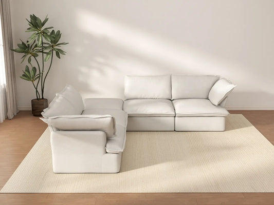 Deluxe Cloud White 4-Seater V-Shaped Sofa with Storage | 5-Piece (includes 1 ottoman), Linen and Cotton Fabric, Washable Covers
