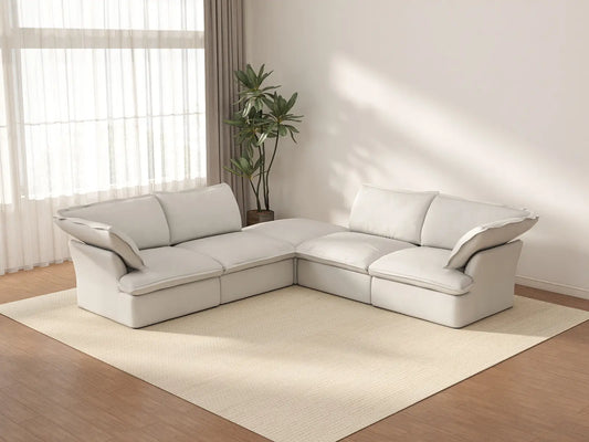 Deluxe Cloud White 4-Seater V-Shaped Sofa with Storage | 5-Piece (includes 1 ottoman), Linen and Cotton Fabric, Washable Covers