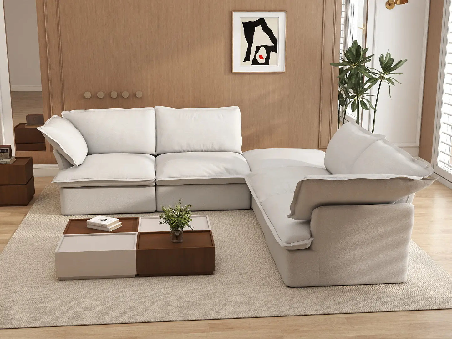 Deluxe Cloud White 4-Seater V-Shaped Sofa with Storage | 5-Piece (includes 1 ottoman), Linen and Cotton Fabric, Washable Covers