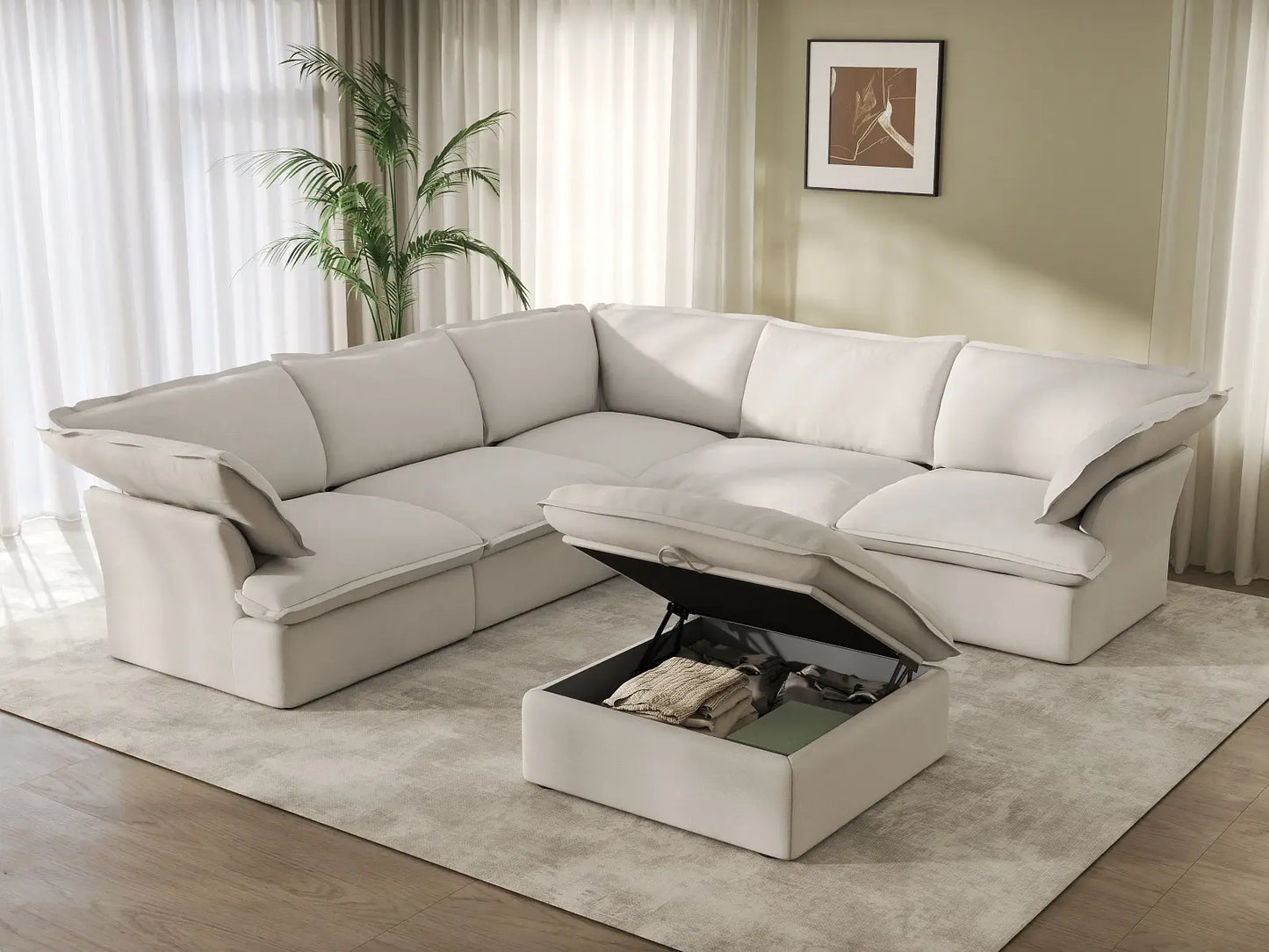 Deluxe Cloud White 5-Seater Sofa Set with Storage | 6-Piece (includes 1 ottoman), Linen and Cotton Fabric, Washable Covers