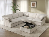 Deluxe Cloud White 5-Seater Sofa Set with Storage | 6-Piece (includes 1 ottoman), Linen and Cotton Fabric, Washable Covers
