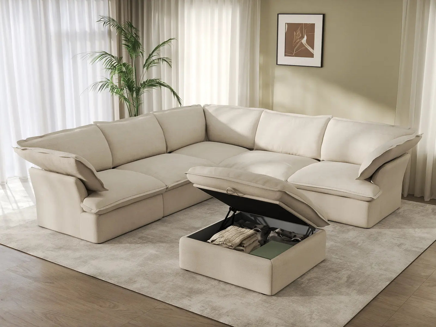 Deluxe Cloud White 5-Seater Sofa Set with Storage | 6-Piece (includes 1 ottoman), Linen and Cotton Fabric, Washable Covers
