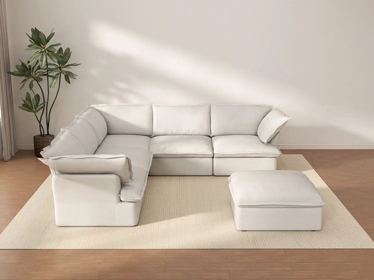 Deluxe Cloud White 5-Seater Sofa Set with Storage | 6-Piece (includes 1 ottoman), Linen and Cotton Fabric, Washable Covers