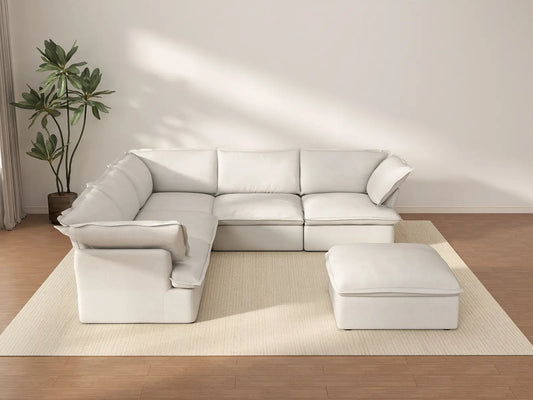 Deluxe Cloud White 5-Seater Sofa Set with Storage | 6-Piece (includes 1 ottoman), Linen and Cotton Fabric, Washable Covers