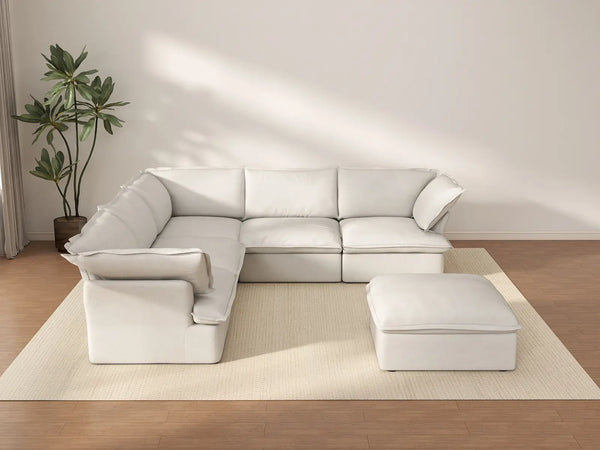 Juego de Sofás de Lujo Cloud White de 5 Plazas con Almacenamiento | 6 Piezas (incluye 1 otomana), Tela de Lino y Algodón, Fundas Lavables