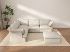 Deluxe Cloud White 5-Seater Sofa Set with Storage | 6-Piece (includes 1 ottoman), Linen and Cotton Fabric, Washable Covers