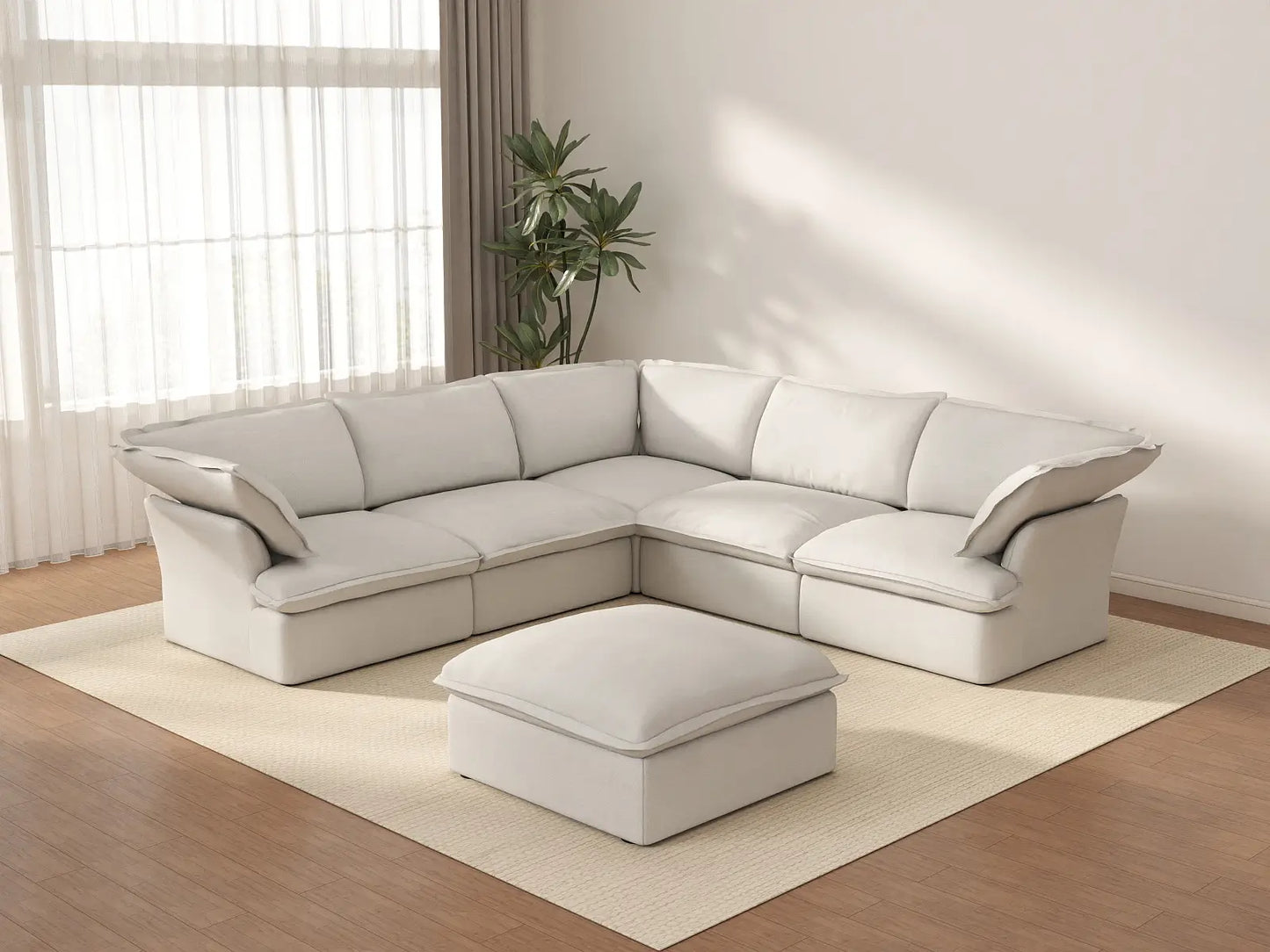Deluxe Cloud White 5-Seater Sofa Set with Storage | 6-Piece (includes 1 ottoman), Linen and Cotton Fabric, Washable Covers