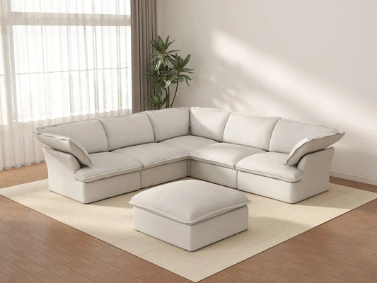 Deluxe Cloud White 5-Seater Sofa Set with Storage | 6-Piece (includes 1 ottoman), Linen and Cotton Fabric, Washable Covers