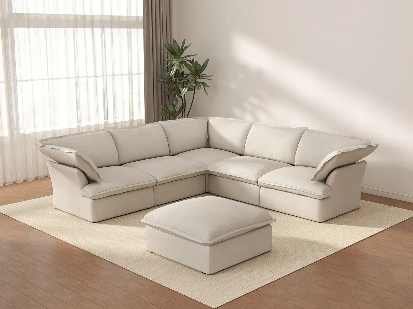 Deluxe Cloud White 5-Seater Sofa Set with Storage | 6-Piece (includes 1 ottoman), Linen and Cotton Fabric, Washable Covers