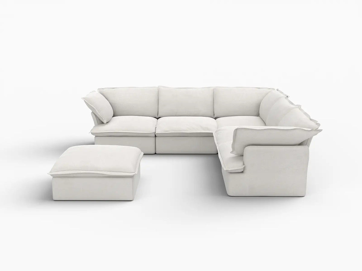 Deluxe Cloud White 5-Seater Sofa Set with Storage | 6-Piece (includes 1 ottoman), Linen and Cotton Fabric, Washable Covers