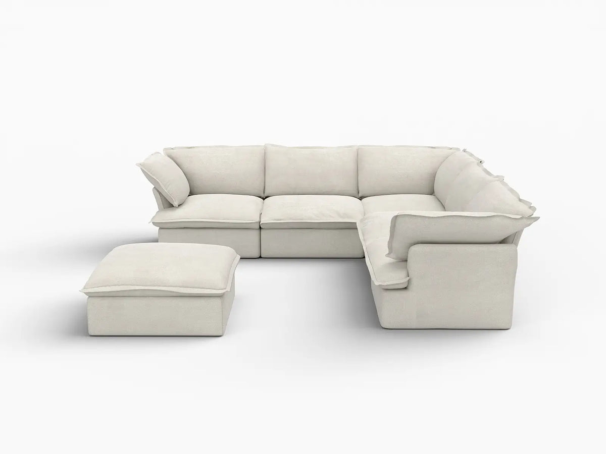 Deluxe Cloud White 5-Seater Sofa Set with Storage | 6-Piece (includes 1 ottoman), Linen and Cotton Fabric, Washable Covers