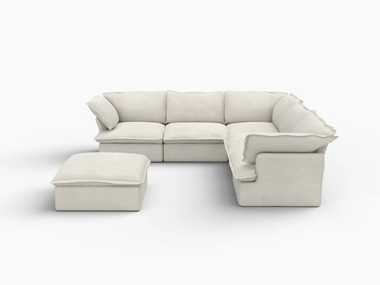 Deluxe Linen Cloud Sectional Sofas Covers | Beige Linen and Cotton Sofa Cover for 5-Seater with 1-Ottoman